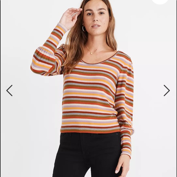 MADEWELL Striped Puff Sleeve Striped Scoopneck Sweater Top XS - Picture 3 of 12